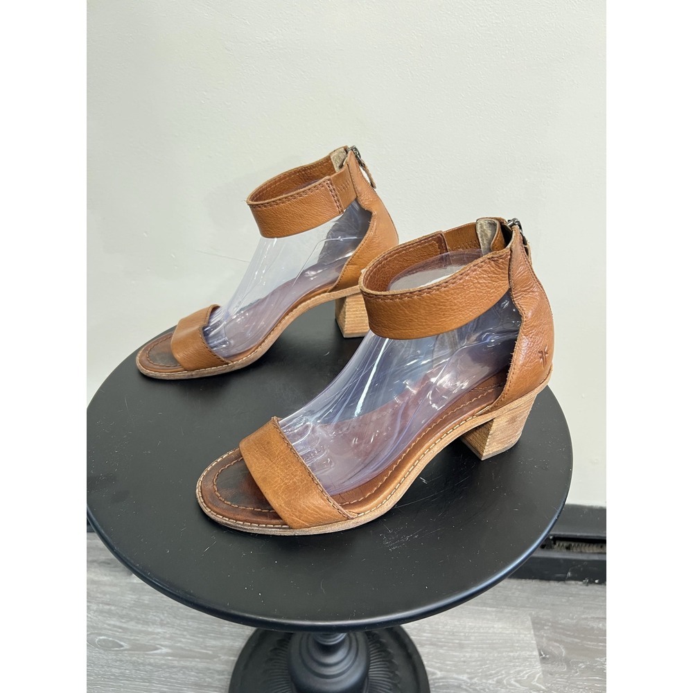 Frye Cognac Brown Leather Ankle Strap Block Heel Zip-Back Sandals Shoes Size 10